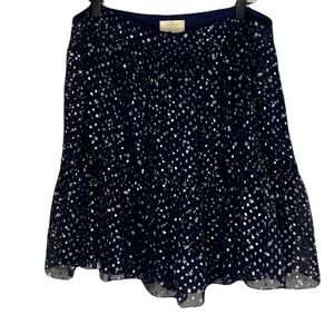 Kate Spade Size 14 Navy Blue Silver Metallic Star Print Silk Mini Skirt